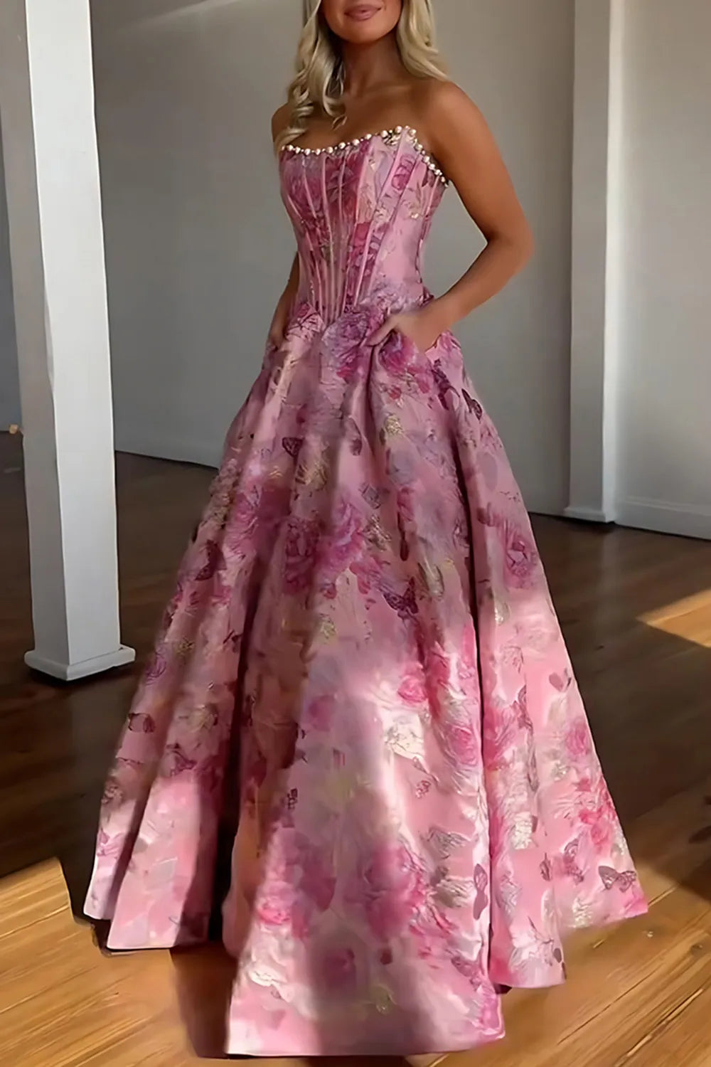Blush Pink Jacquard Strapless Princess Long Corset Prom Dress