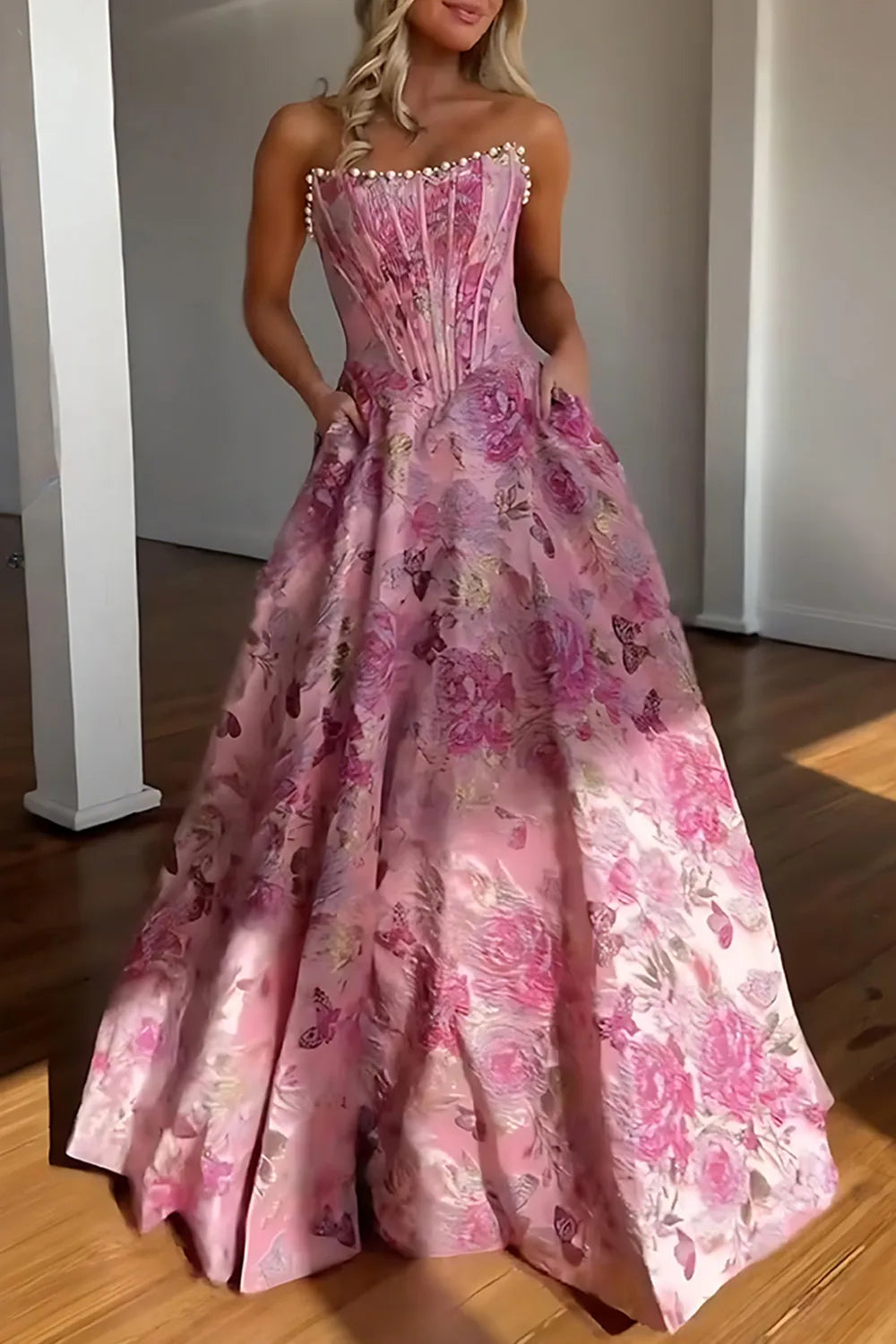 Blush Pink Jacquard Strapless Princess Long Corset Prom Dress