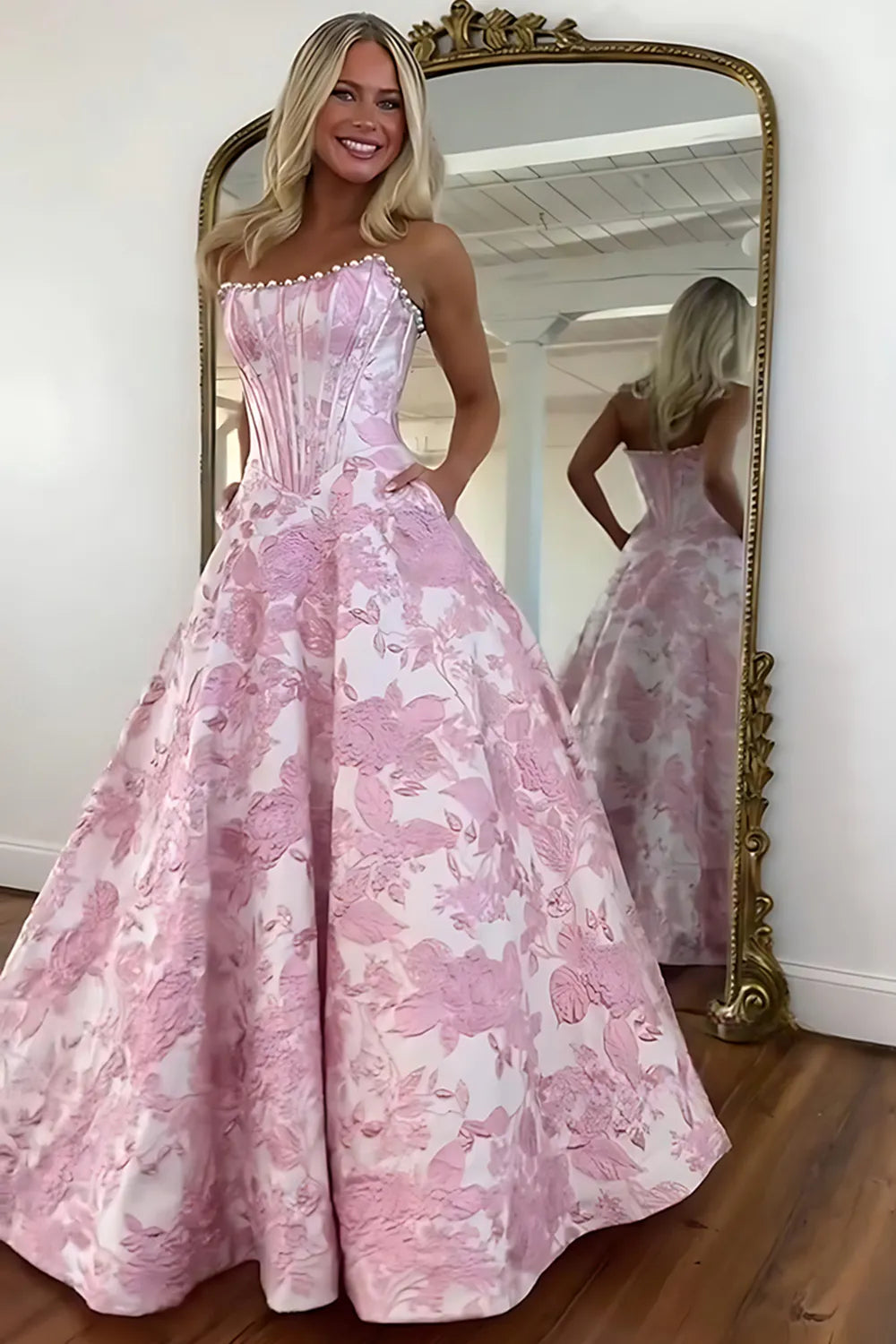 Blush Pink Jacquard Strapless Princess Long Corset Prom Dress