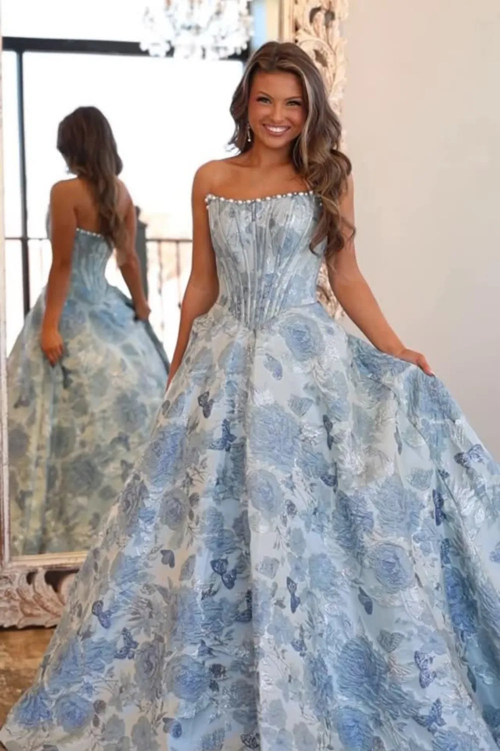 Blush Pink Jacquard Strapless Princess Long Corset Prom Dress
