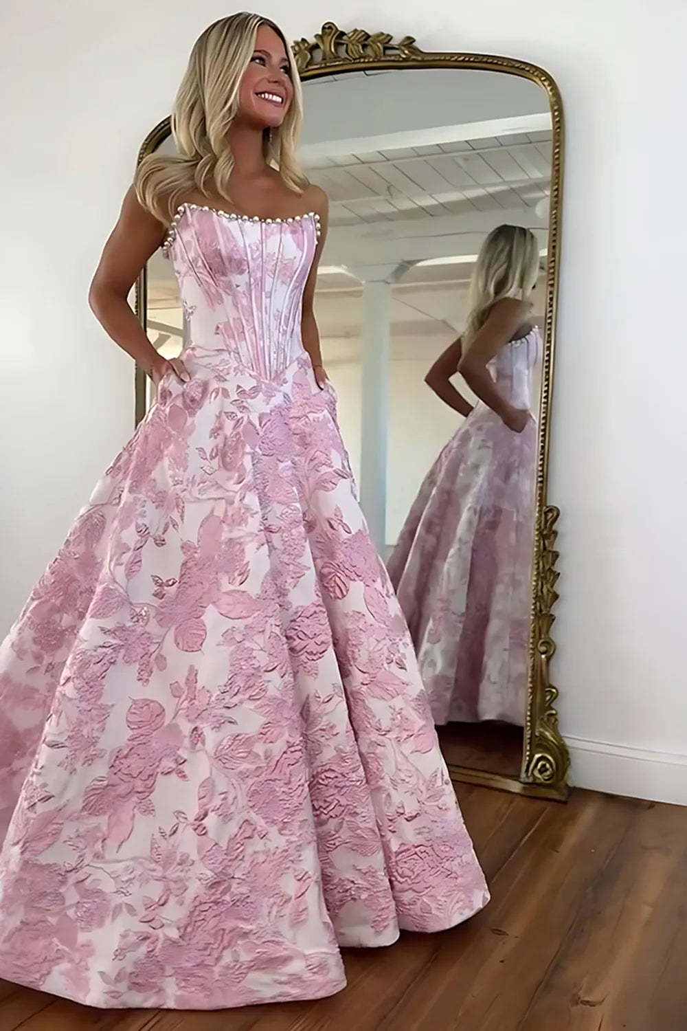 Blush Pink Jacquard Strapless Princess Long Corset Prom Dress