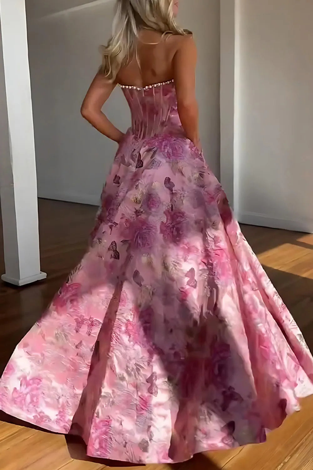 Blush Pink Jacquard Strapless Princess Long Corset Prom Dress