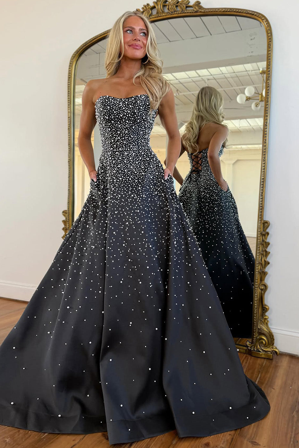 Black Strapless Satin Princess Long Prom Dress with Pearls