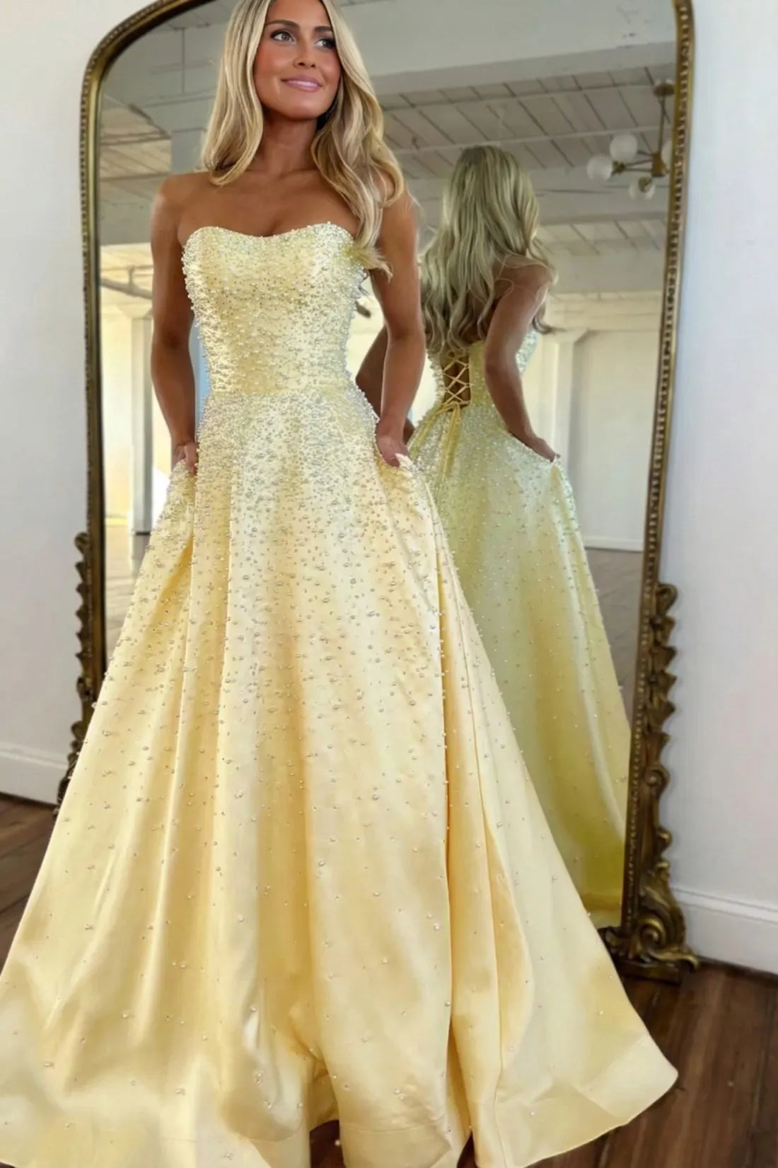Black Strapless Satin Princess Long Prom Dress with Pearls