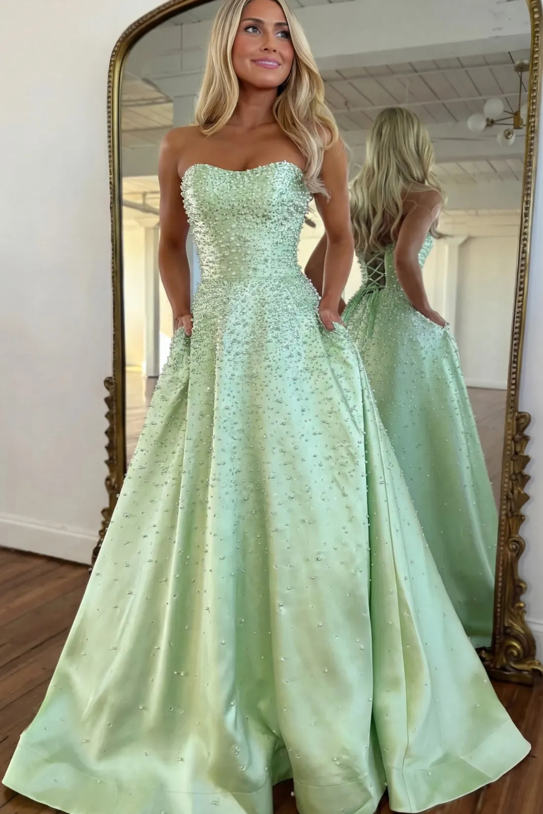 Black Strapless Satin Princess Long Prom Dress with Pearls