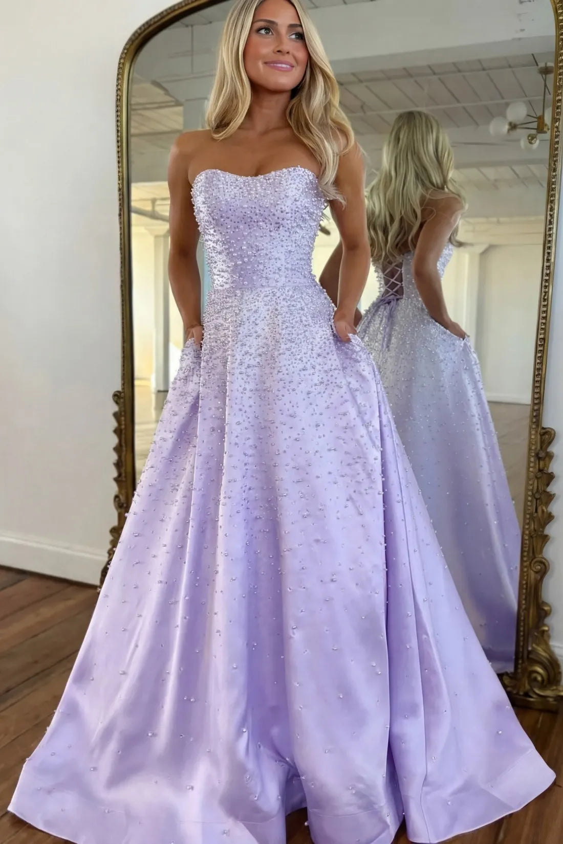 Black Strapless Satin Princess Long Prom Dress with Pearls