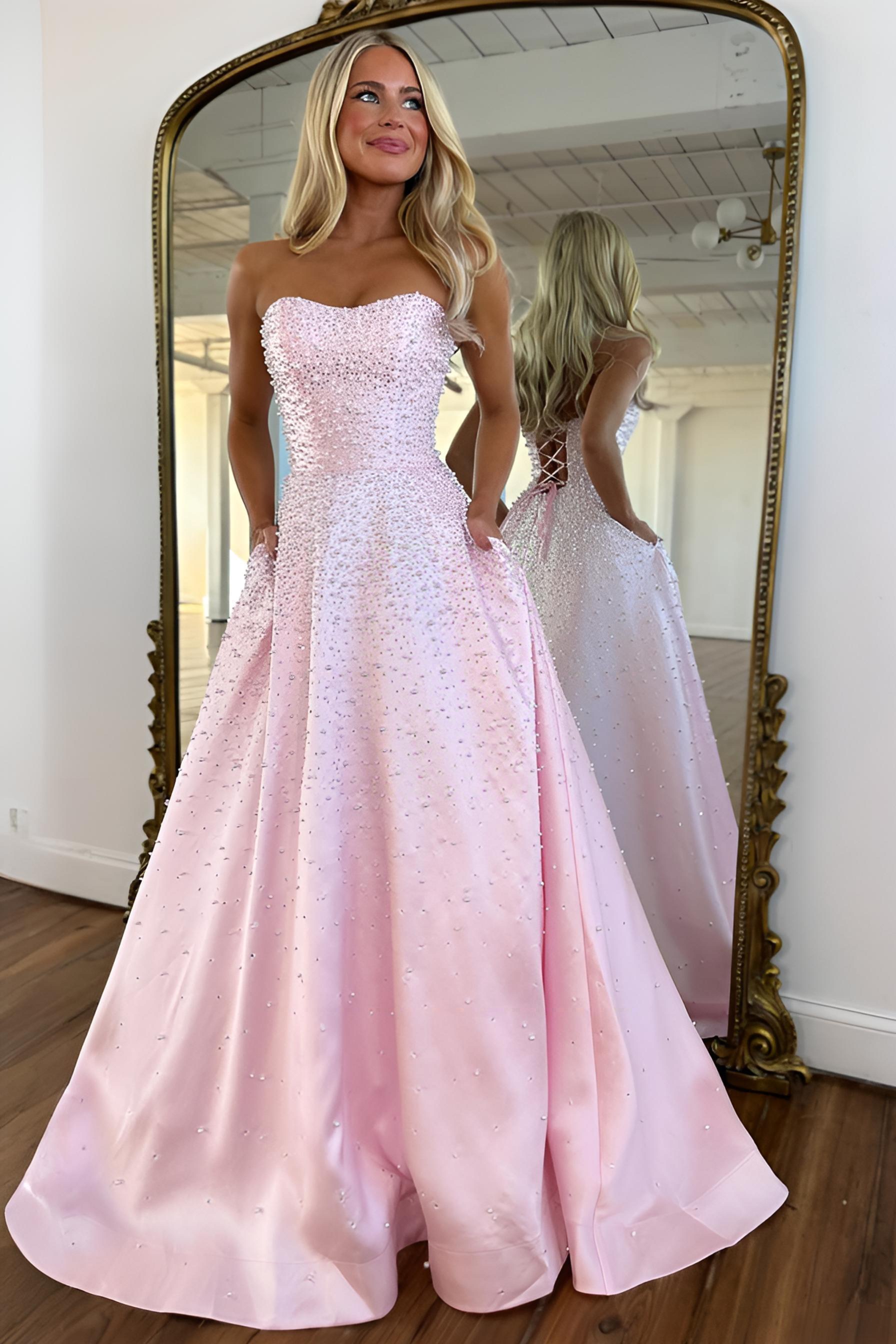 Black Strapless Satin Princess Long Prom Dress with Pearls
