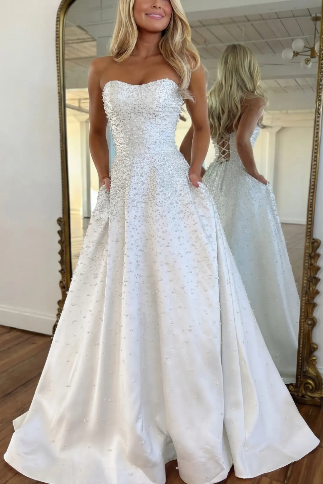 Black Strapless Satin Princess Long Prom Dress with Pearls