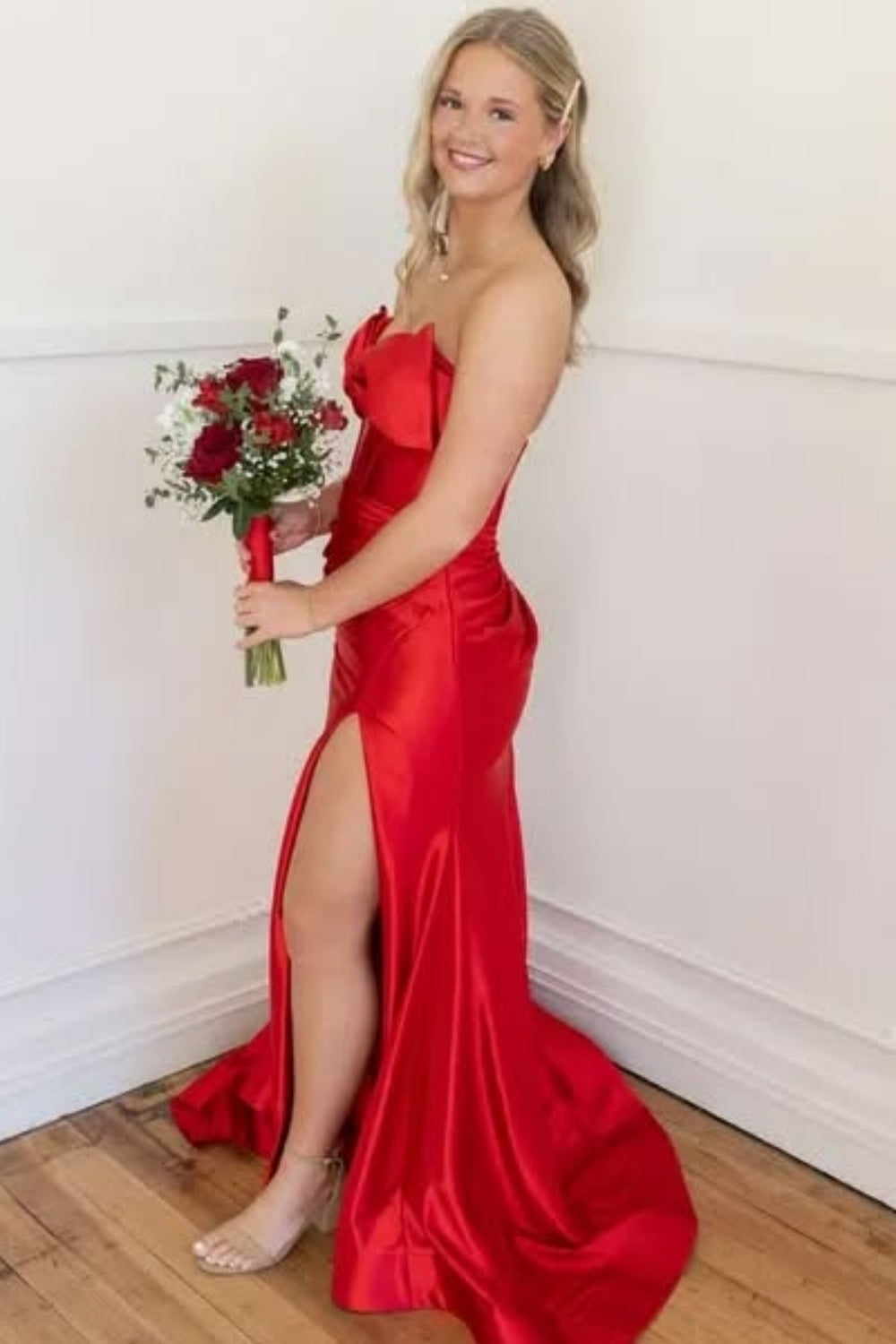 Red Sweetheart Satin Mermaid Long Corset Prom Dress with Slit