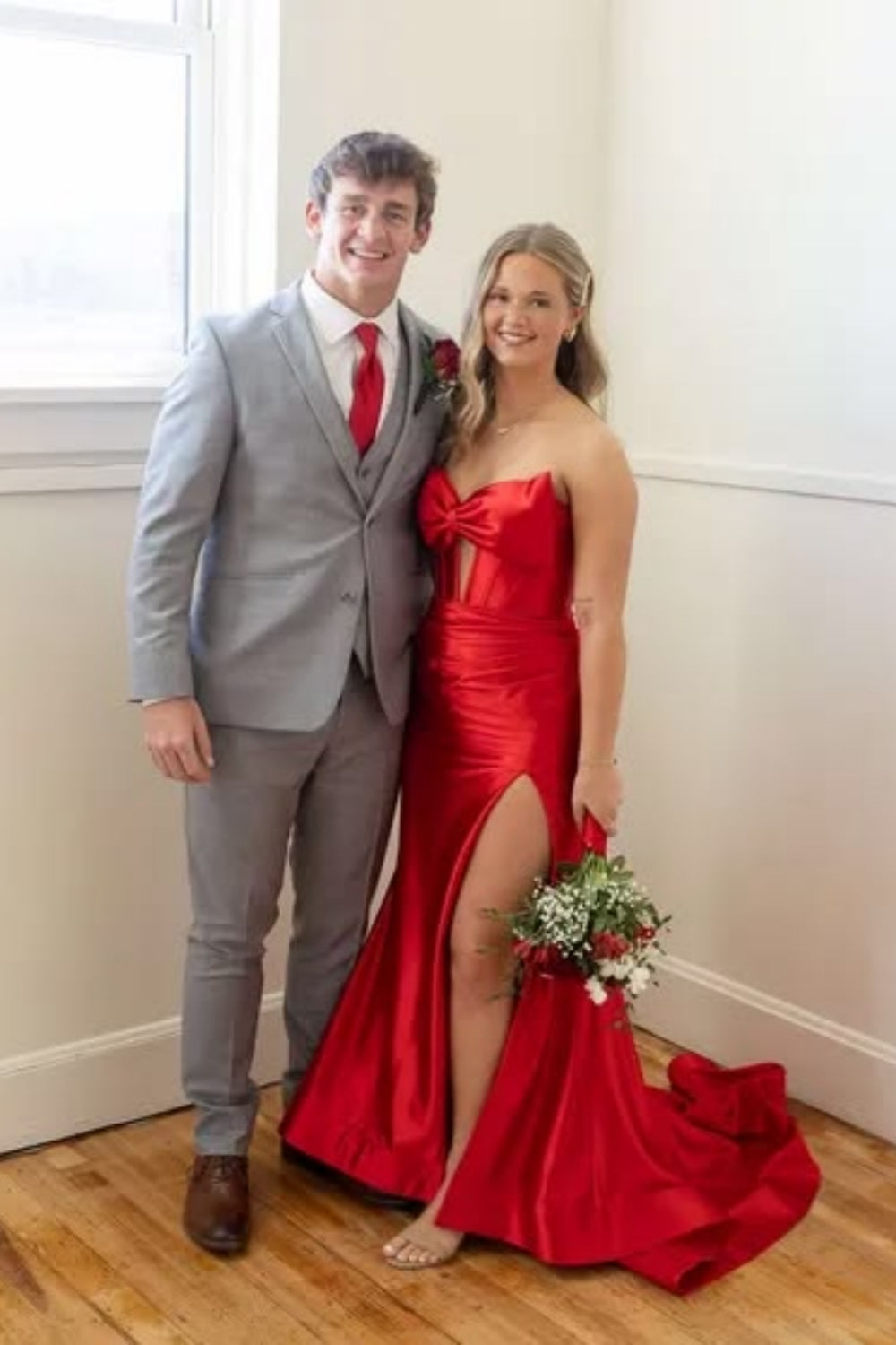 Red Sweetheart Satin Mermaid Long Corset Prom Dress with Slit
