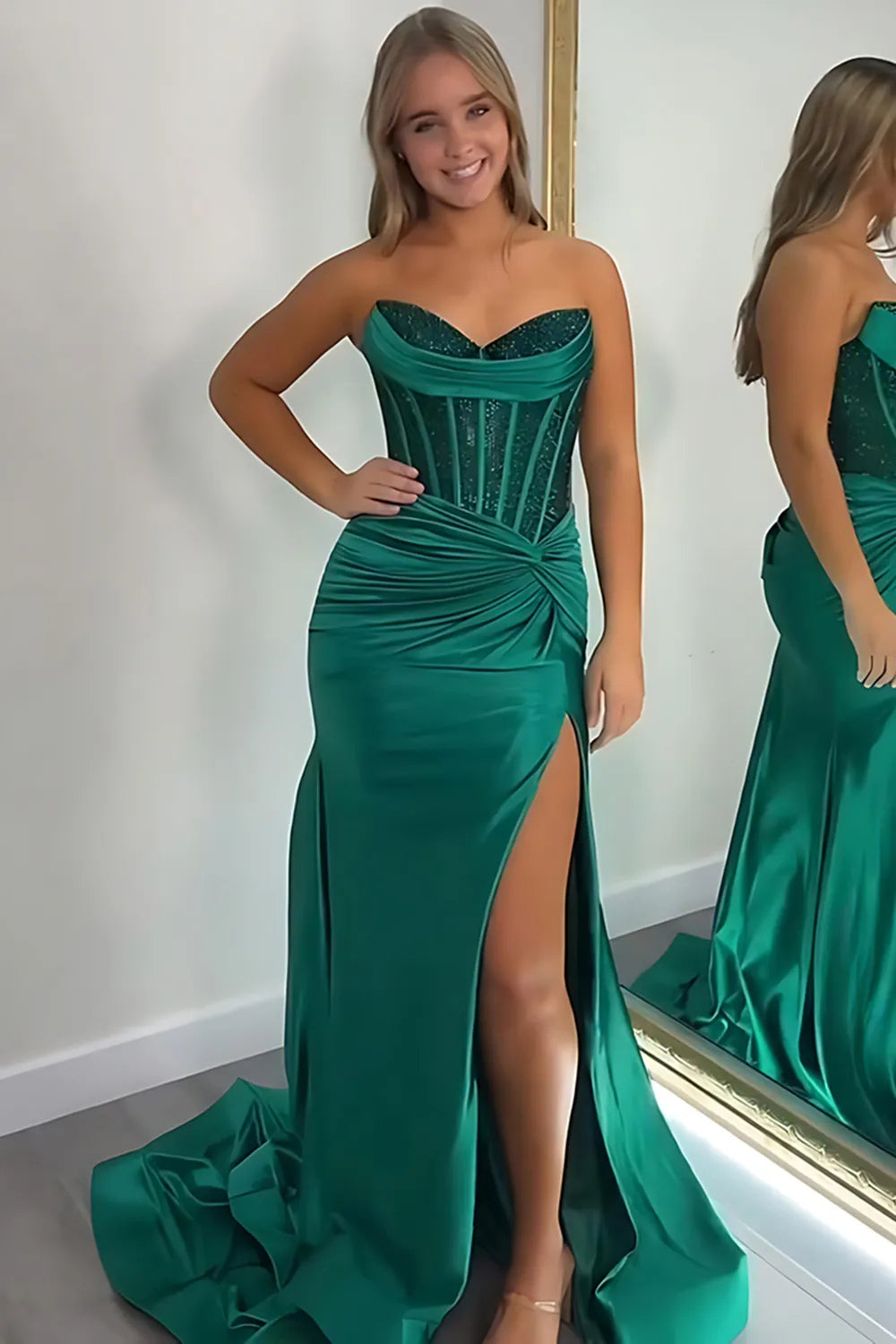Champagne Sweetheart Satin Beaded Mermaid Long Prom Dress with Slit