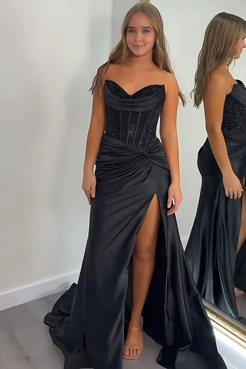 Champagne Sweetheart Satin Beaded Mermaid Long Prom Dress with Slit