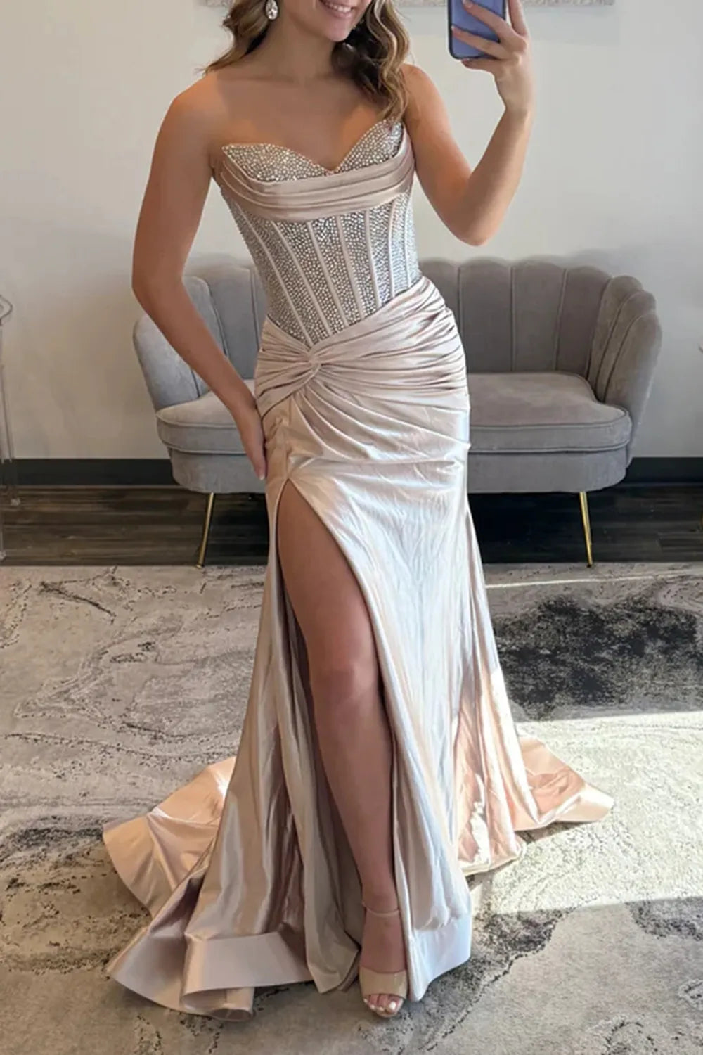Champagne Sweetheart Satin Beaded Mermaid Long Prom Dress with Slit