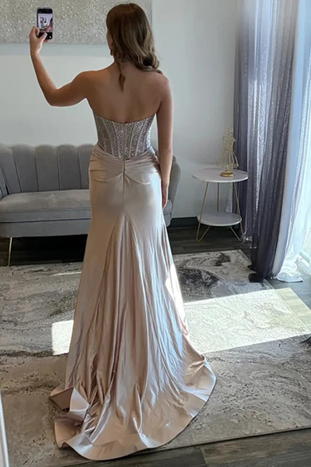 Champagne Sweetheart Satin Beaded Mermaid Long Prom Dress with Slit