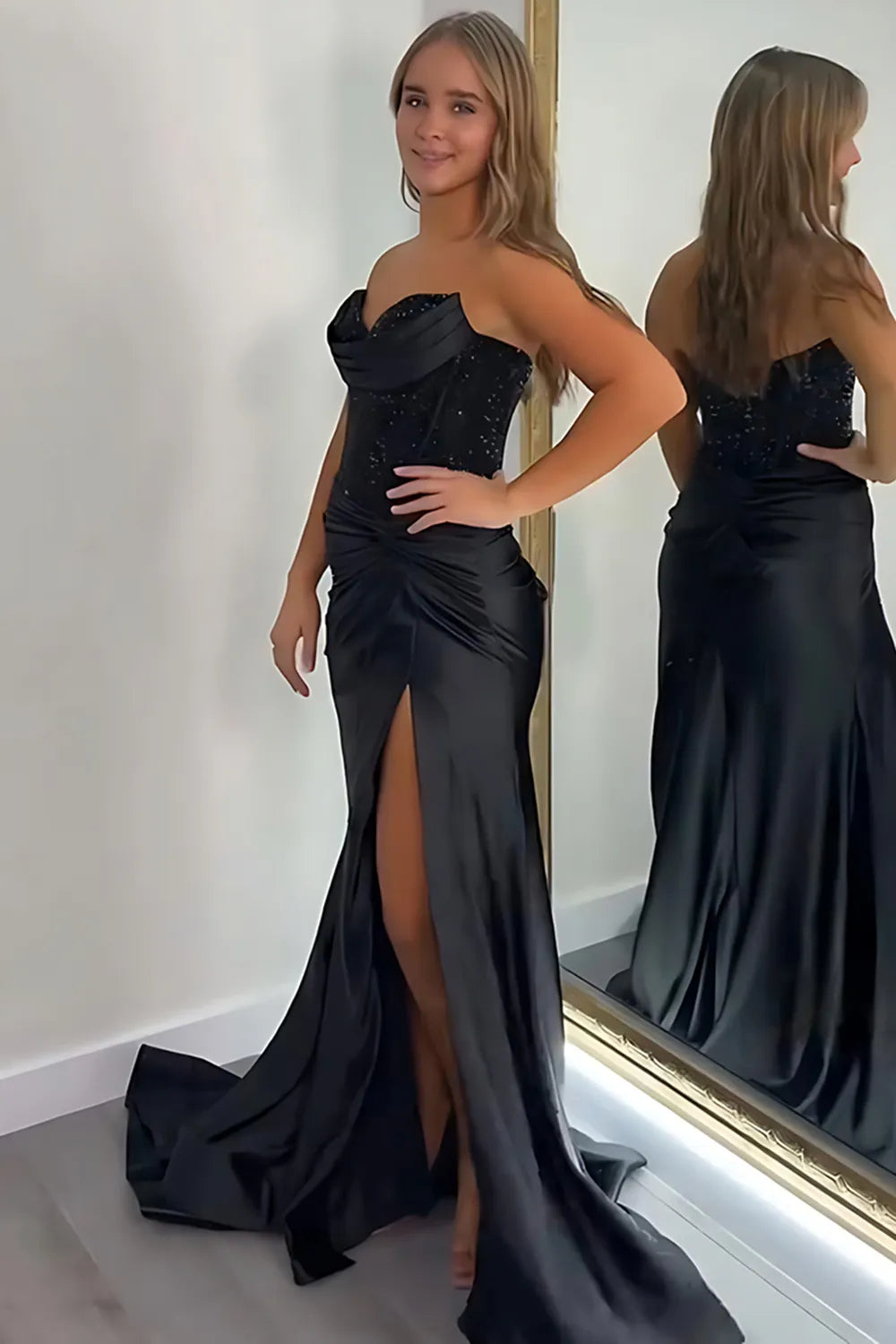 Champagne Sweetheart Satin Beaded Mermaid Long Prom Dress with Slit