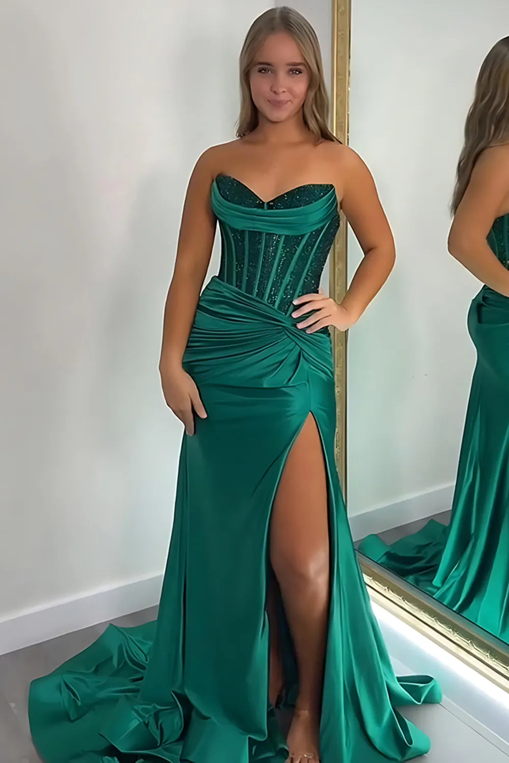 Champagne Sweetheart Satin Beaded Mermaid Long Prom Dress with Slit