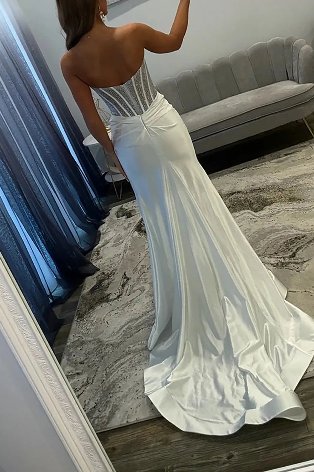 Champagne Sweetheart Satin Beaded Mermaid Long Prom Dress with Slit