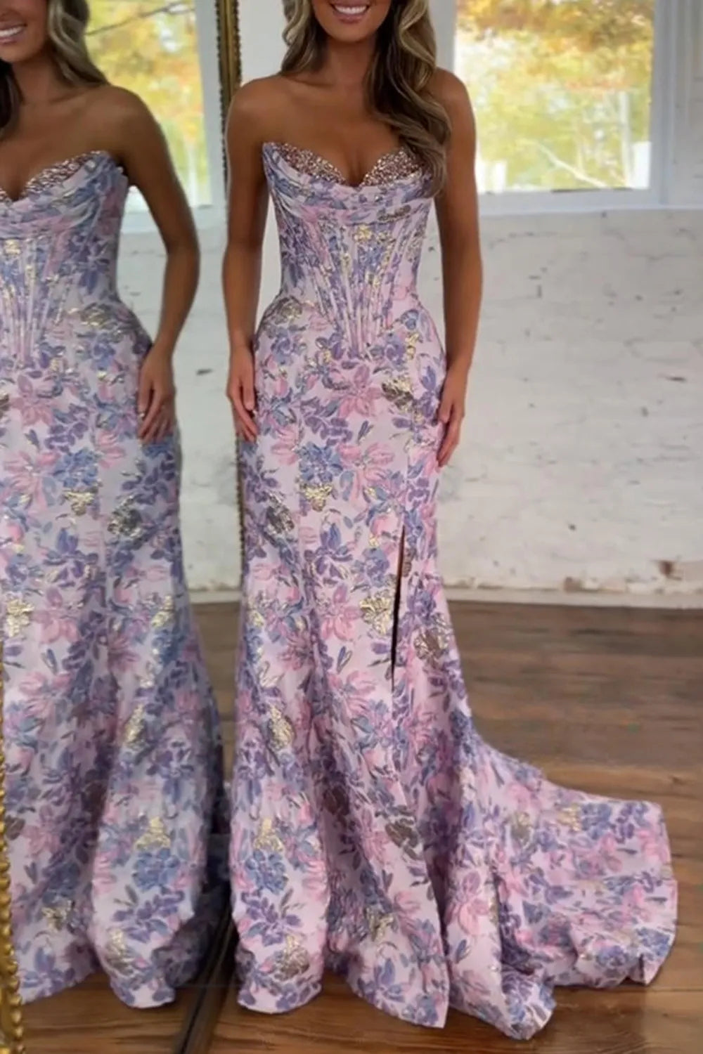 Lilac Jacquard Sweetheart Mermaid Long Prom Dress with Beading