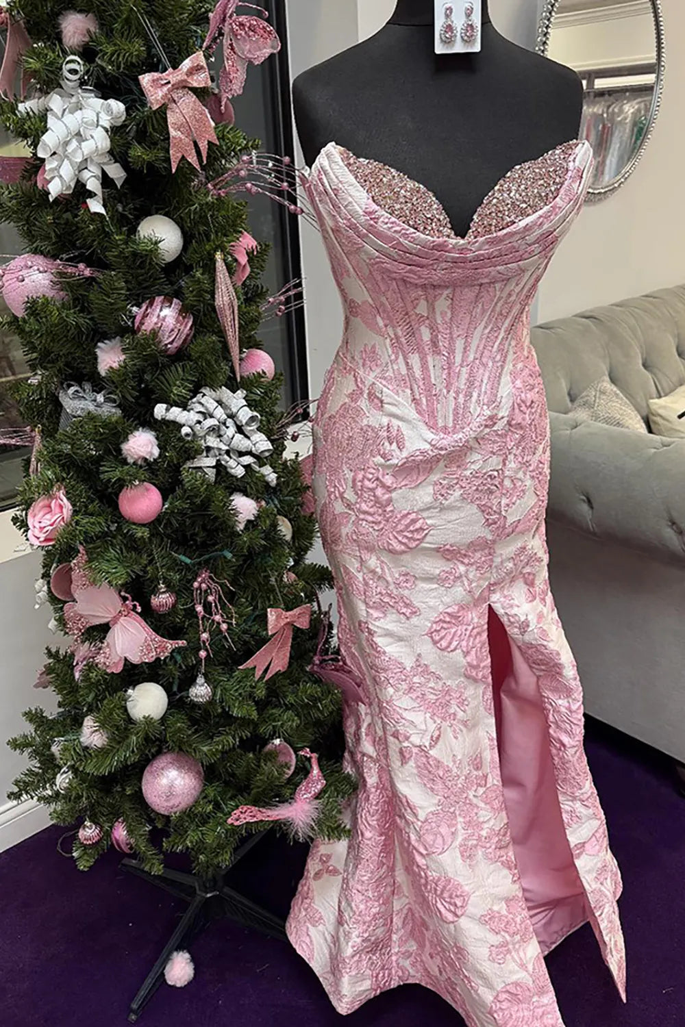 Lilac Jacquard Sweetheart Mermaid Long Prom Dress with Beading
