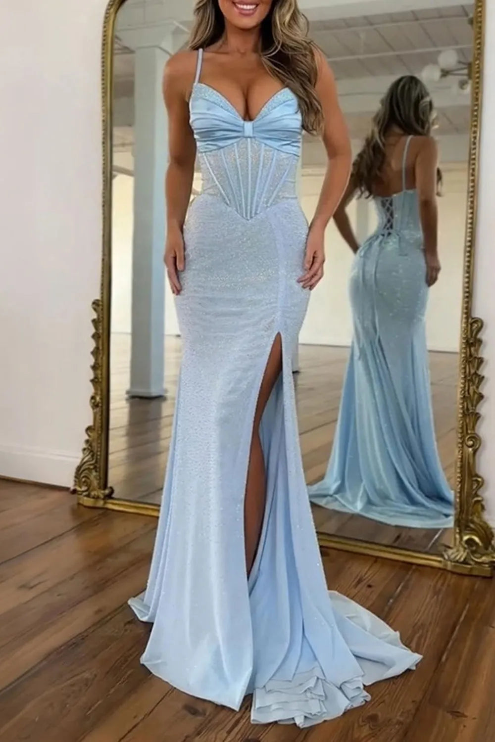 Light Blue Spaghetti Straps Beaded Mermaid Long Prom Dress with Slit