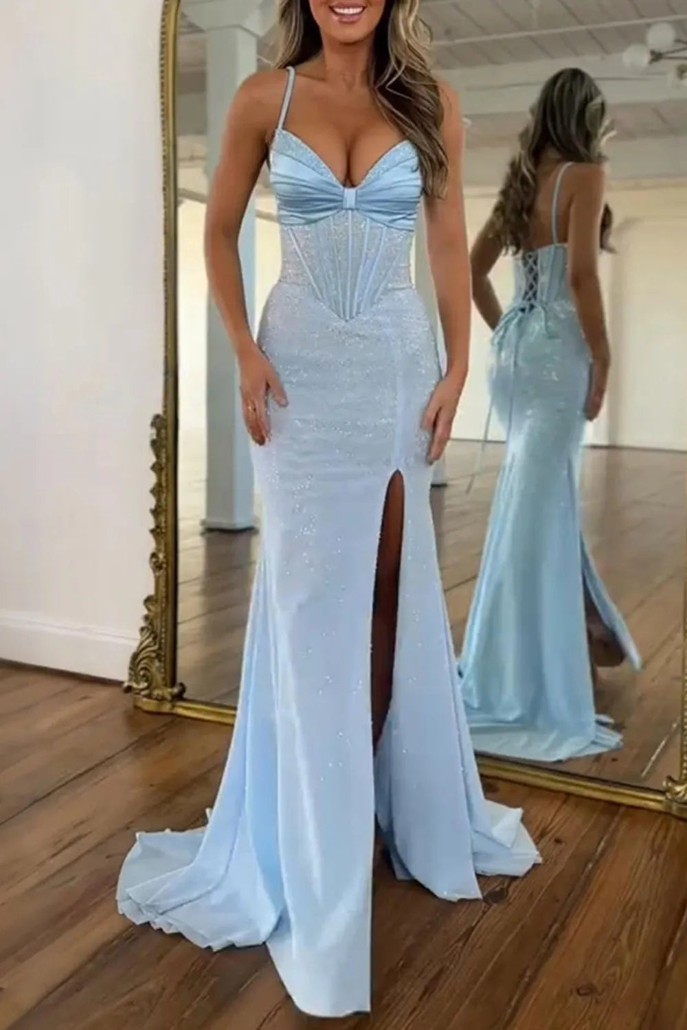 Light Blue Spaghetti Straps Beaded Mermaid Long Prom Dress with Slit