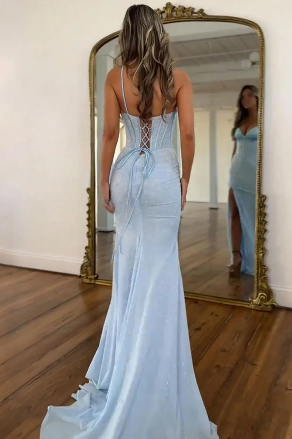Light Blue Spaghetti Straps Beaded Mermaid Long Prom Dress with Slit