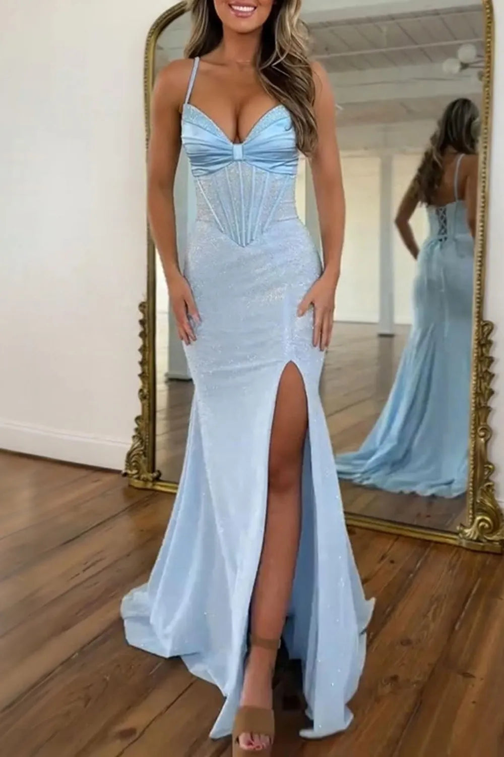 Light Blue Spaghetti Straps Beaded Mermaid Long Prom Dress with Slit