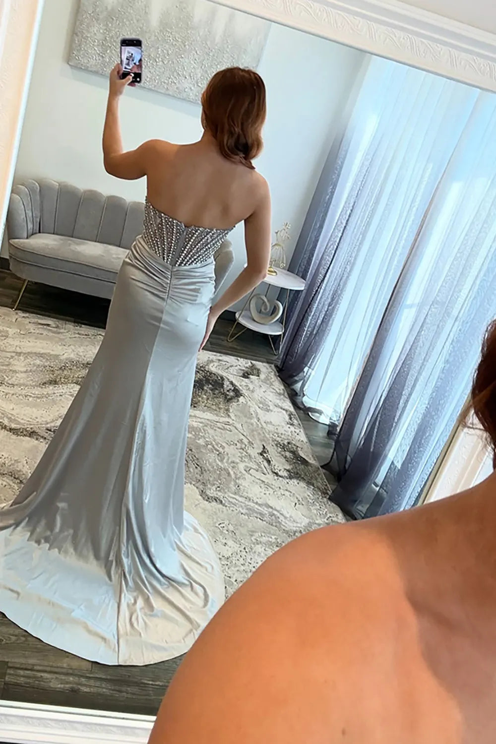 Sparkly Silver Satin Beaded Mermaid Long Prom Dress with Slit
