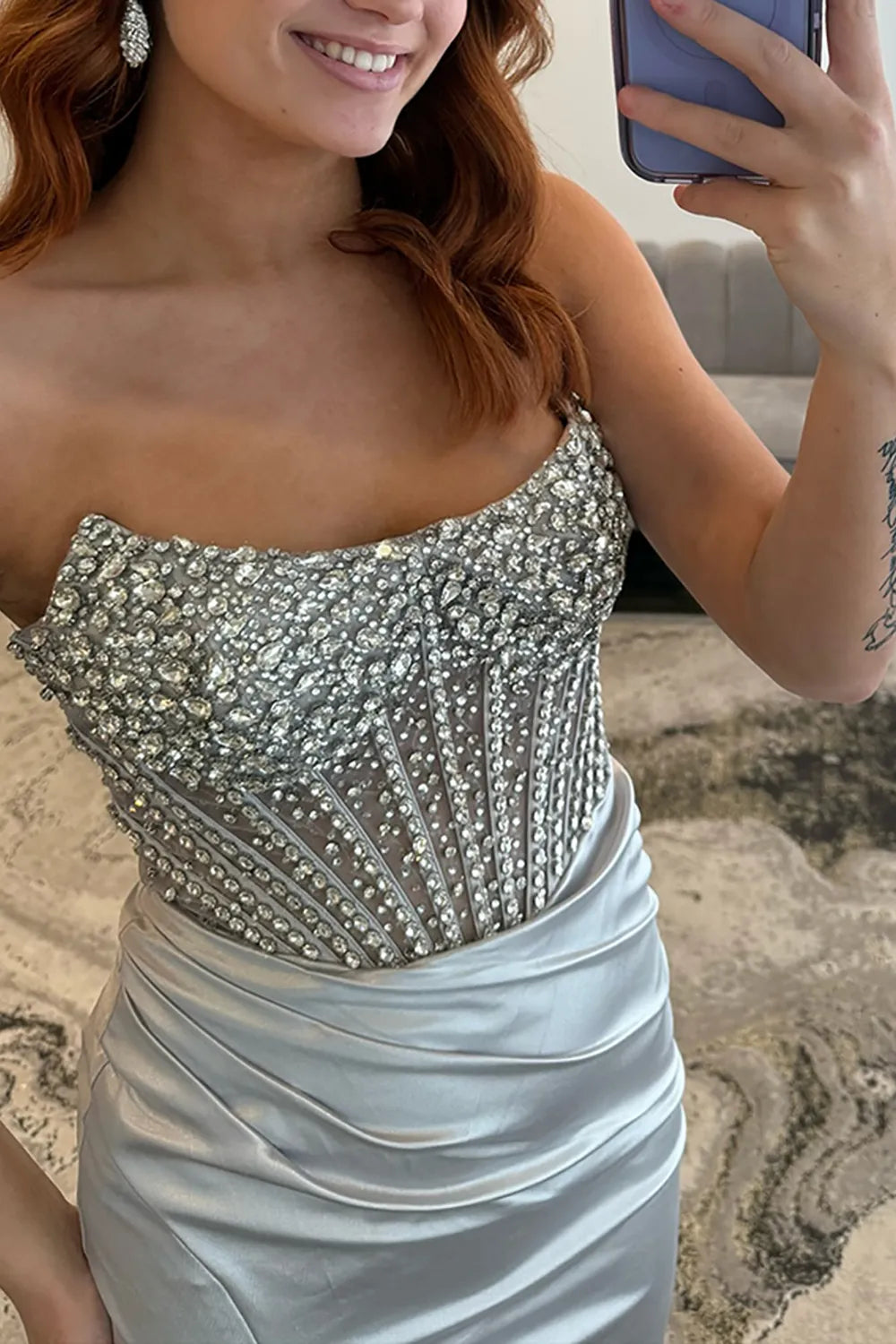 Sparkly Silver Satin Beaded Mermaid Long Prom Dress with Slit