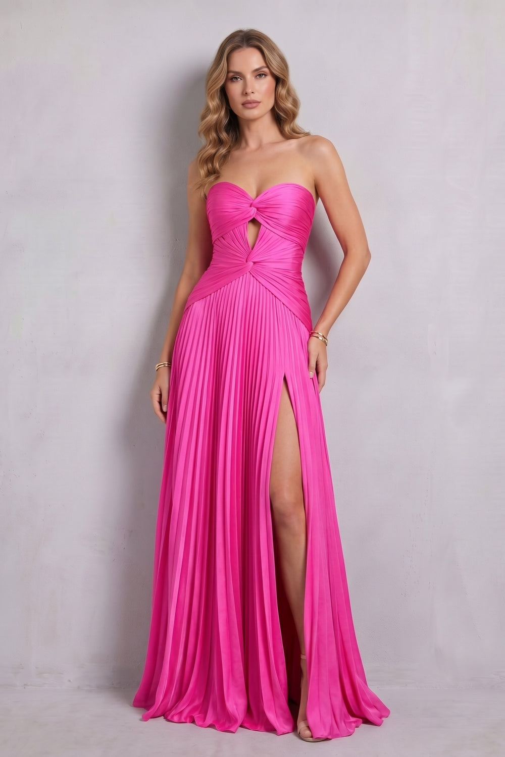 Hot Pink Sweetheart Chiffon A-Line Pleated Long Prom Dress with Slit