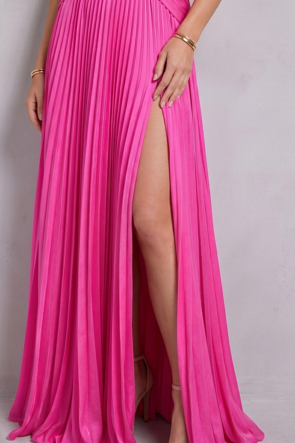 Hot Pink Sweetheart Chiffon A-Line Pleated Long Prom Dress with Slit
