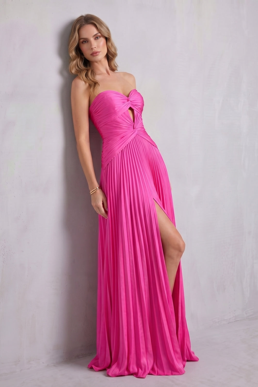 Hot Pink Sweetheart Chiffon A-Line Pleated Long Prom Dress with Slit