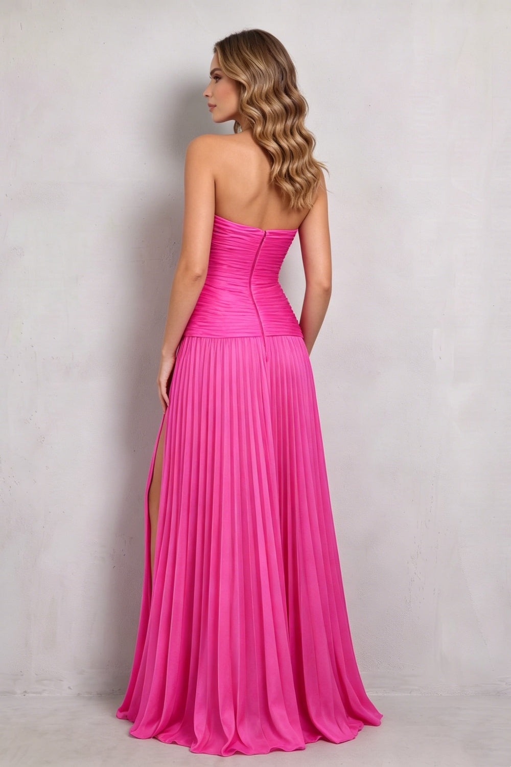 Hot Pink Sweetheart Chiffon A-Line Pleated Long Prom Dress with Slit