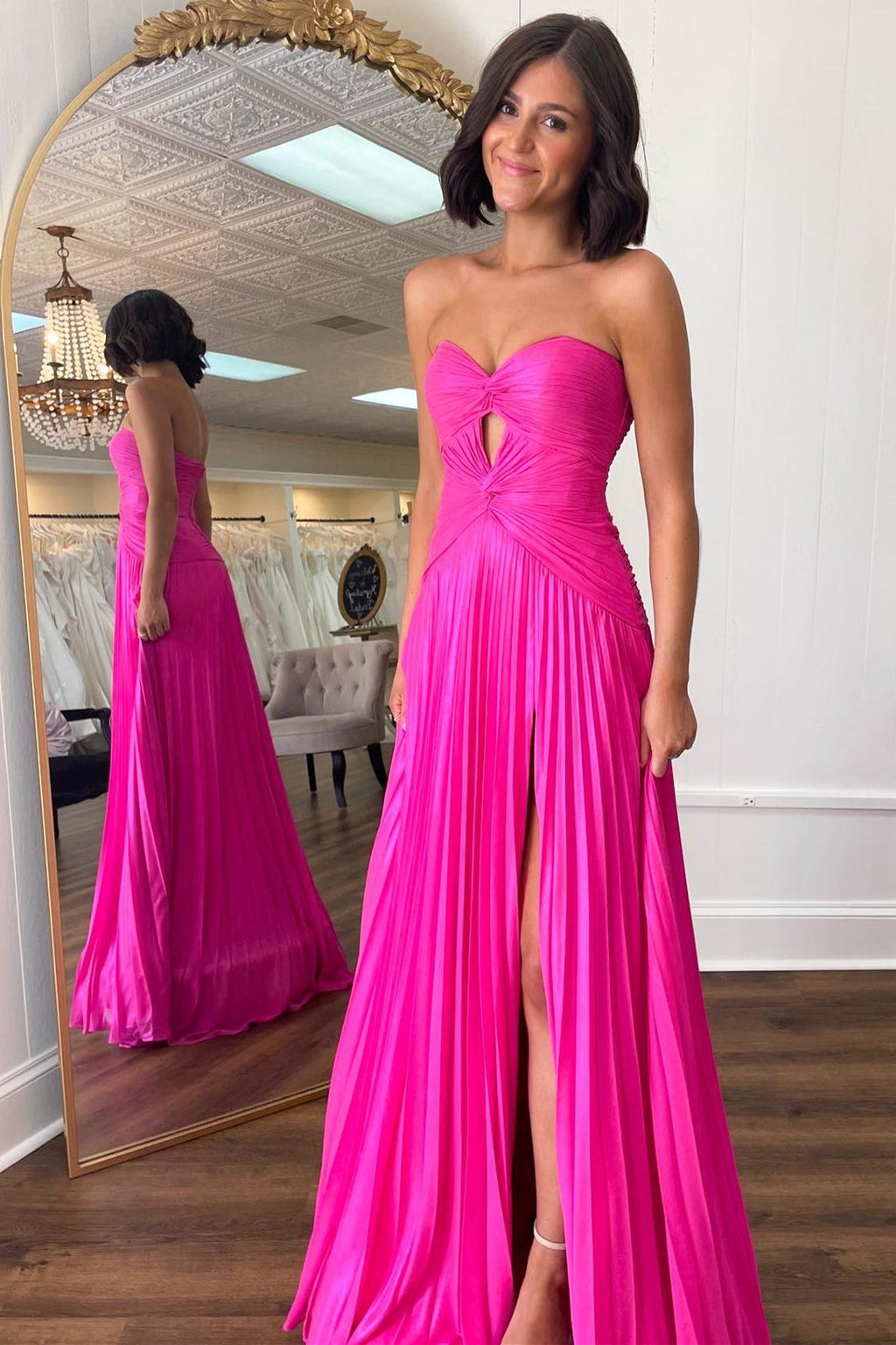 Hot Pink Sweetheart Chiffon Pleated A-Line Long Prom Dress with Slit