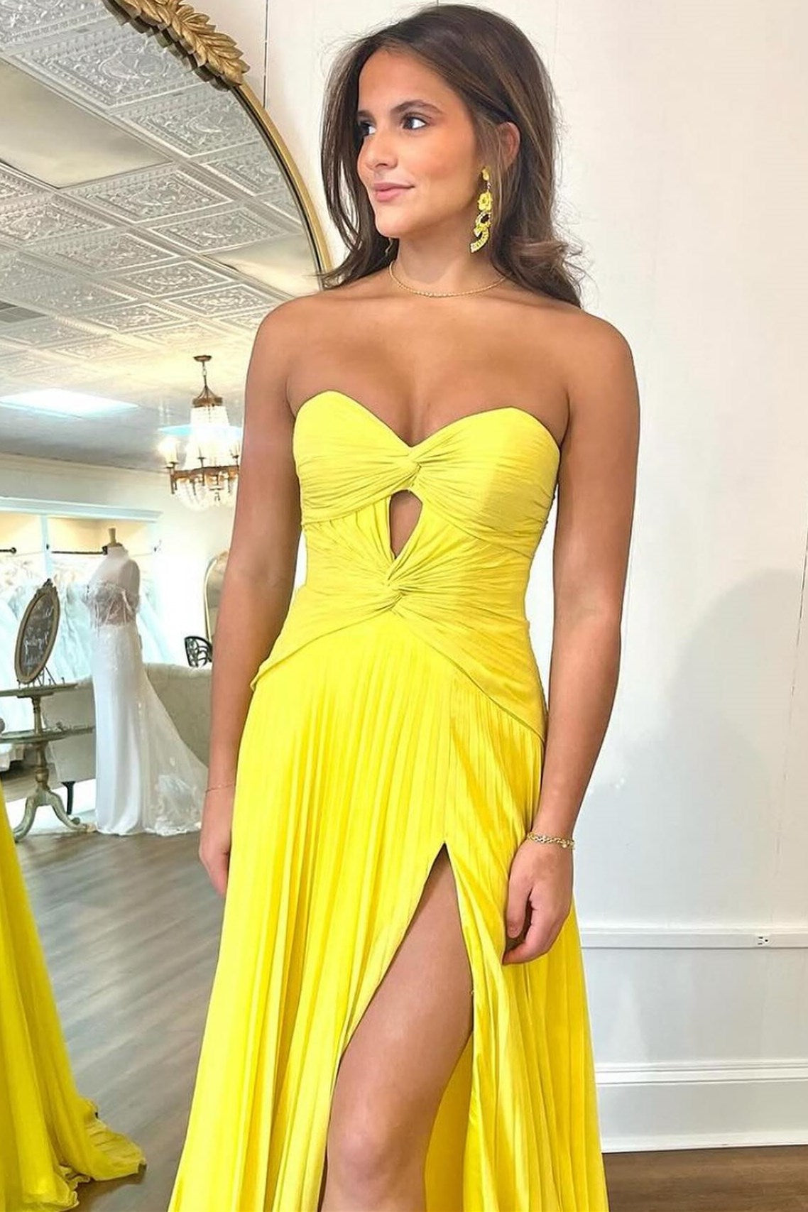 Hot Pink Sweetheart Chiffon Pleated A-Line Long Prom Dress with Slit