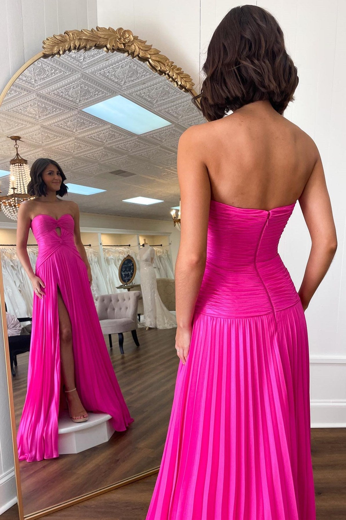 Hot Pink Sweetheart Chiffon Pleated A-Line Long Prom Dress with Slit