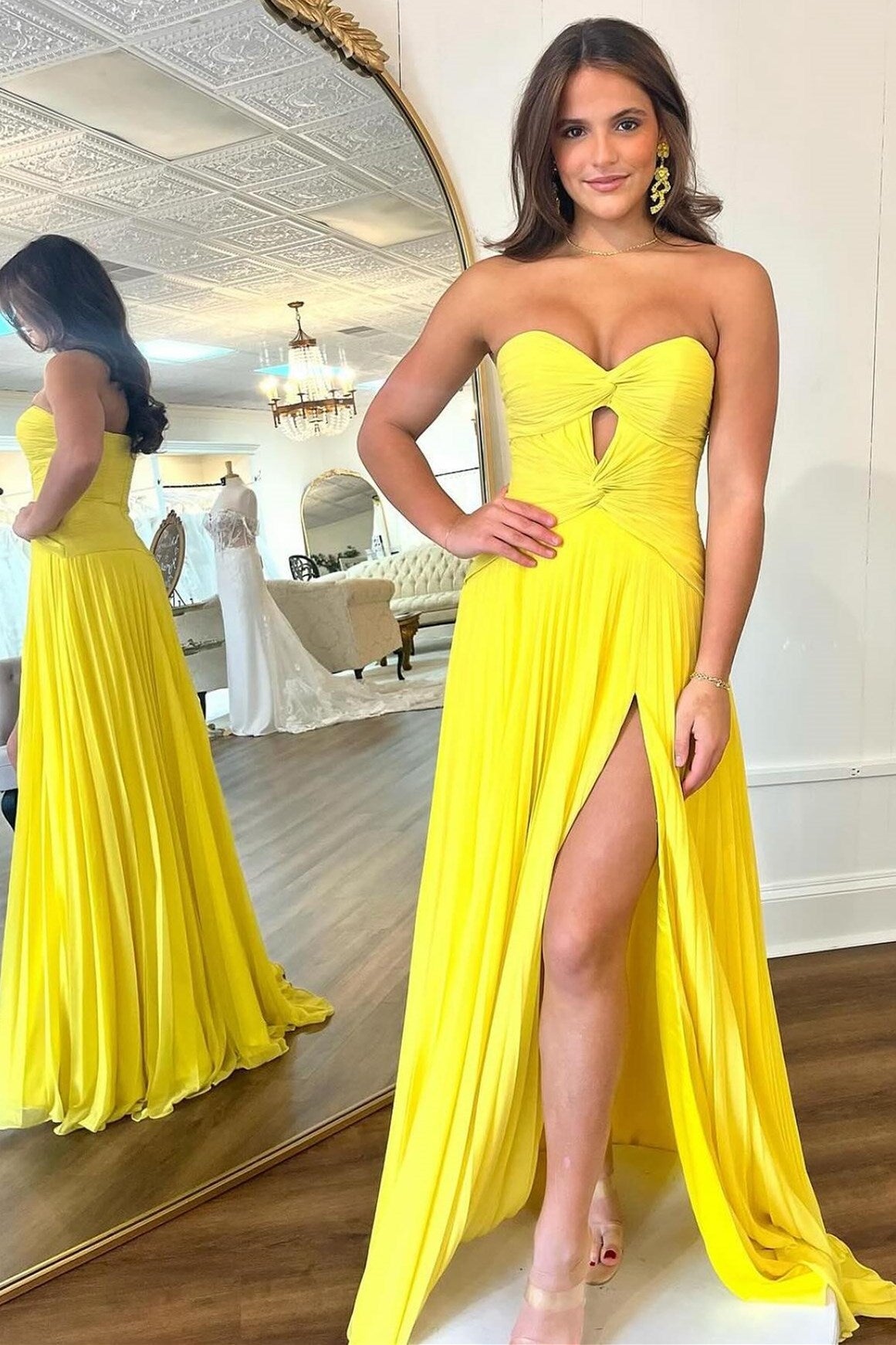 Hot Pink Sweetheart Chiffon Pleated A-Line Long Prom Dress with Slit
