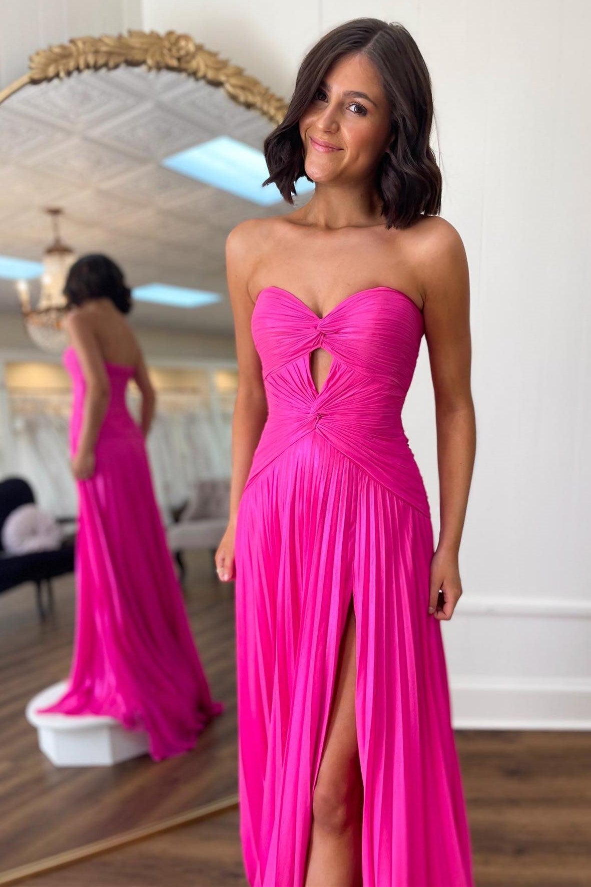 Hot Pink Sweetheart Chiffon Pleated A-Line Long Prom Dress with Slit
