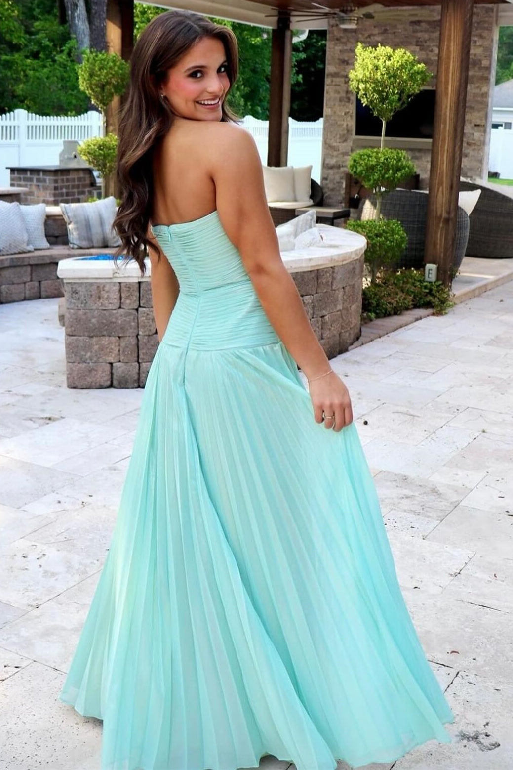 Hot Pink Sweetheart Chiffon Pleated A-Line Long Prom Dress with Slit