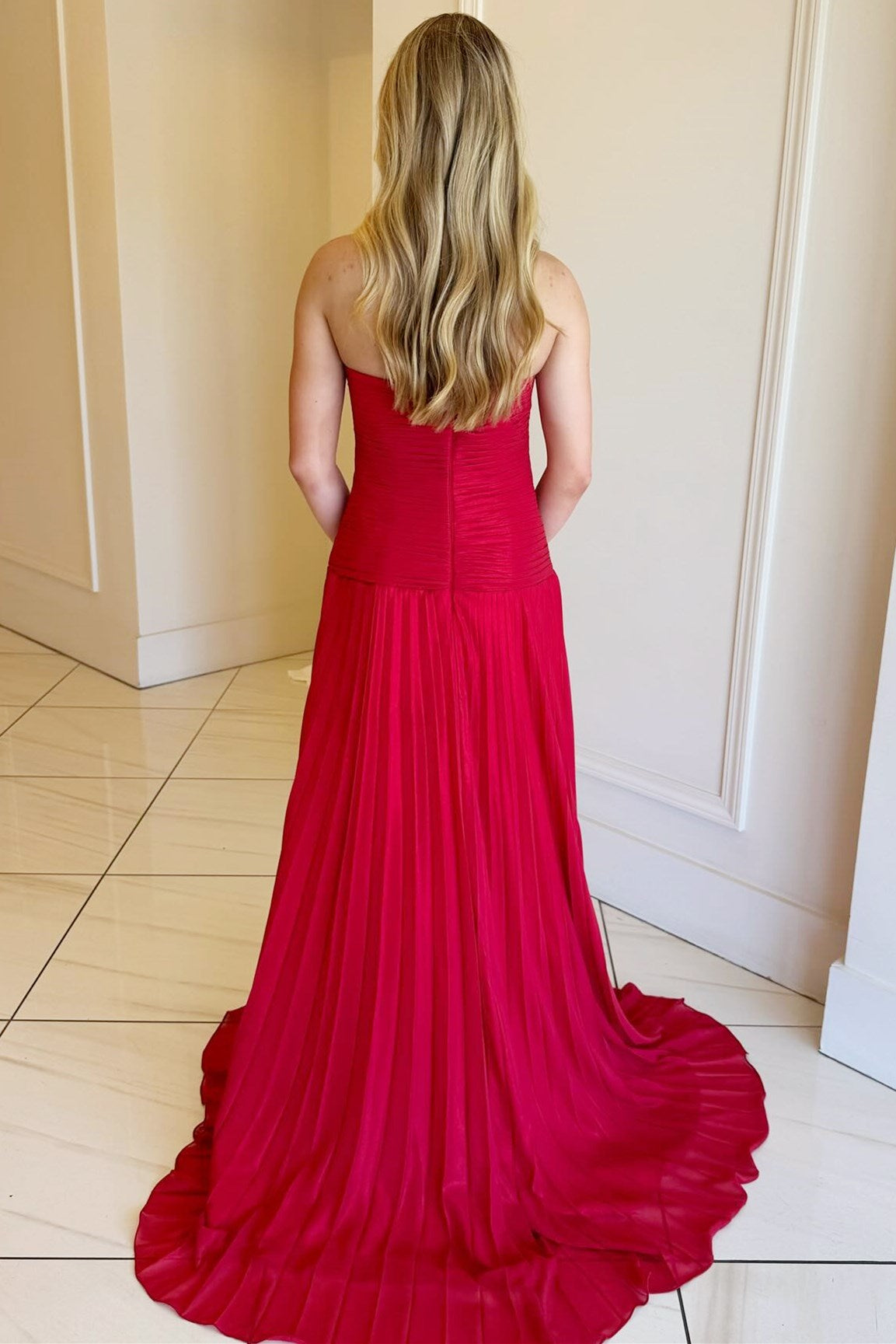 Hot Pink Sweetheart Chiffon Pleated A-Line Long Prom Dress with Slit