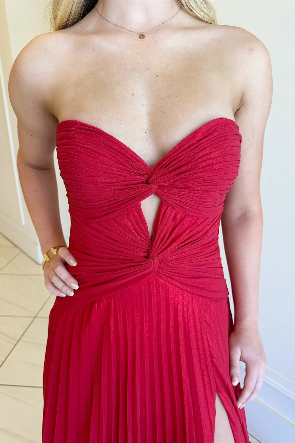 Hot Pink Sweetheart Chiffon Pleated A-Line Long Prom Dress with Slit