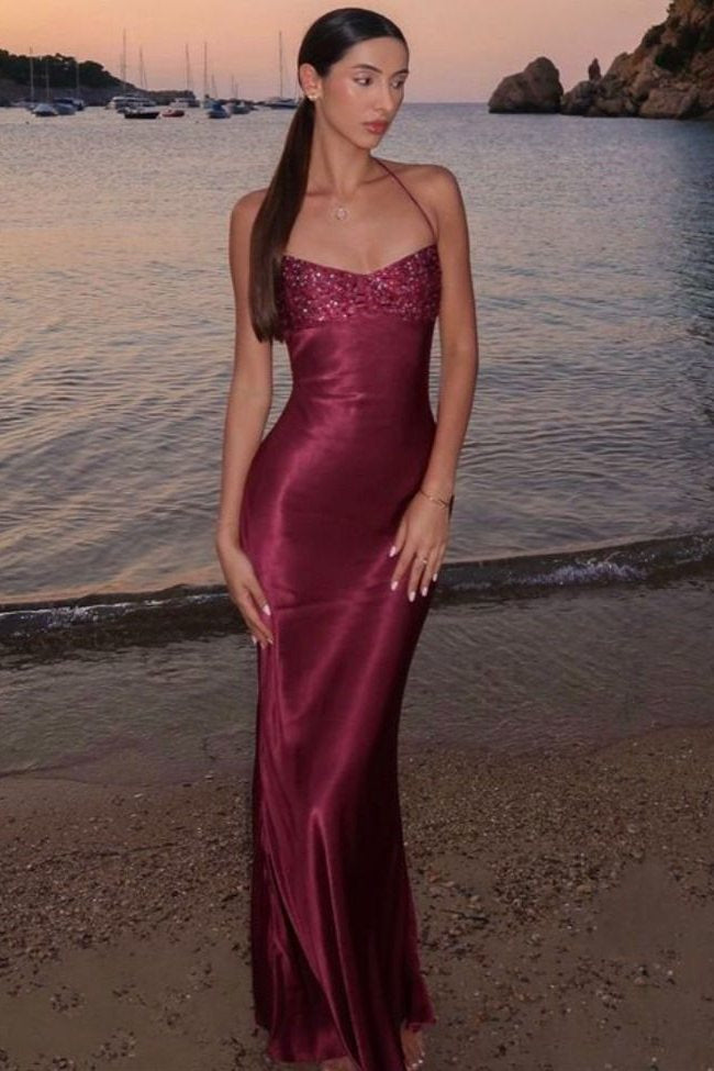 Burgundy Spaghetti Straps Satin Mermaid Long Prom Dress with Sequins