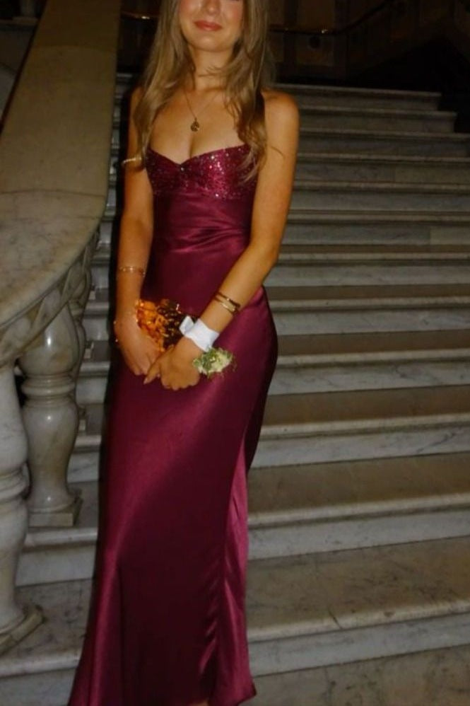Burgundy Spaghetti Straps Satin Mermaid Long Prom Dress with Sequins