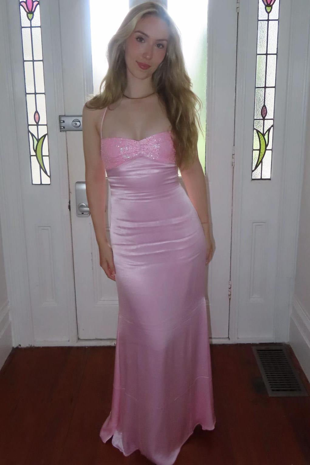 Burgundy Spaghetti Straps Satin Mermaid Long Prom Dress with Sequins