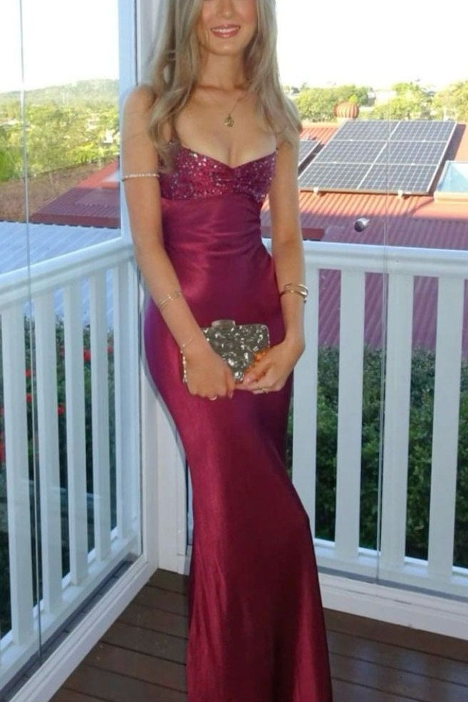 Burgundy Spaghetti Straps Satin Mermaid Long Prom Dress with Sequins