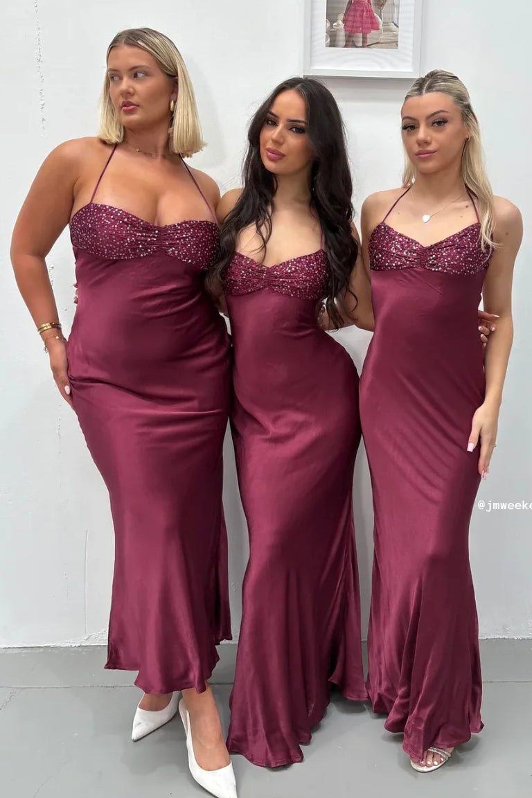 Burgundy Spaghetti Straps Satin Mermaid Long Prom Dress with Sequins