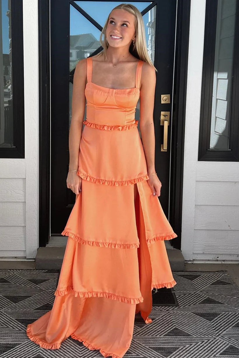 Orange Square Neck Satin A-Line Tiered Long Prom Dress with Slit
