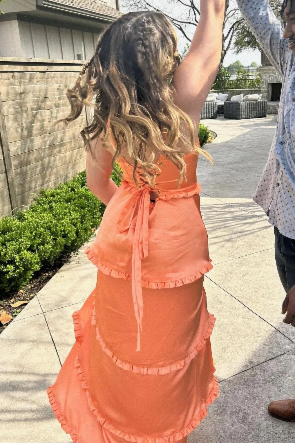 Orange Square Neck Satin A-Line Tiered Long Prom Dress with Slit