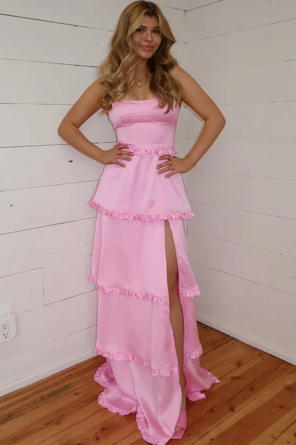 Orange Square Neck Satin A-Line Tiered Long Prom Dress with Slit