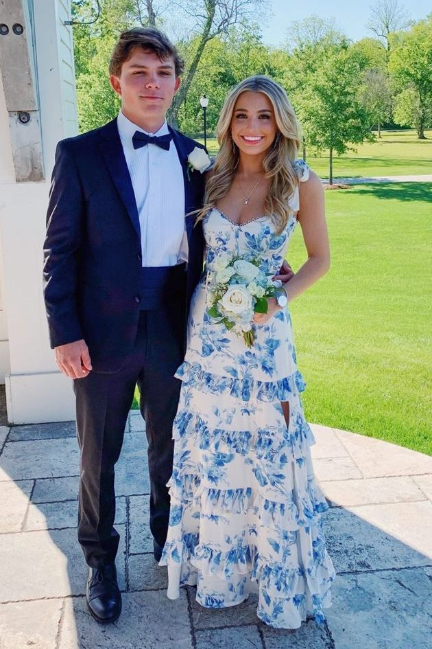 Light Blue Floral Chiffon A-Line Tiered Long Prom Dress with Slit
